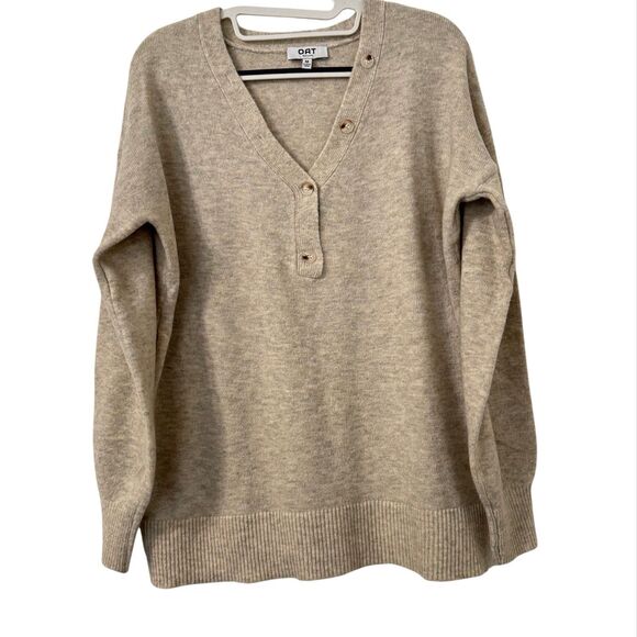 OAT New York Button Neck Wool Blend Henley Sweater Womens Medium Minimalist Soft - Picture 1 of 4